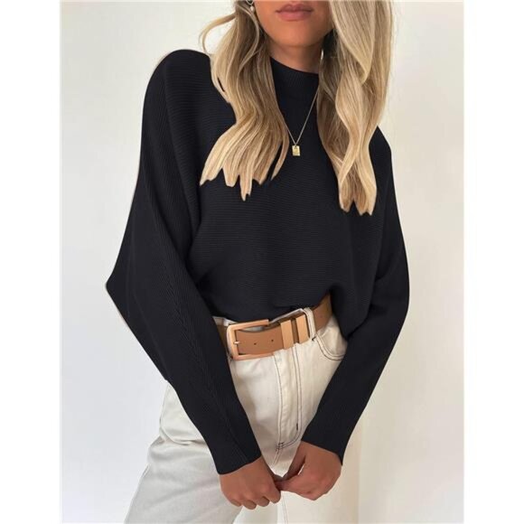 Women's  Fall Turtleneck Batwing Long Sleeve Ribbed Knit Pullover Sweater - Picture 4 of 7